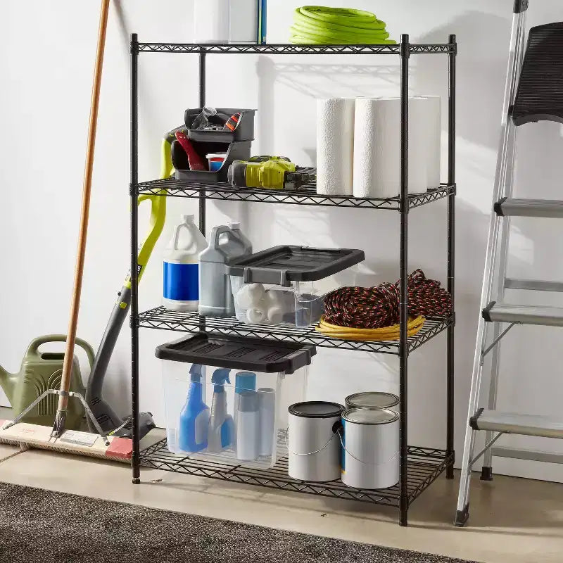 4-Tier Wide Wire Shelving Unit, Black �C Steel Storage Shelves, Adjustable Wire Rack, 350 lb Capacity