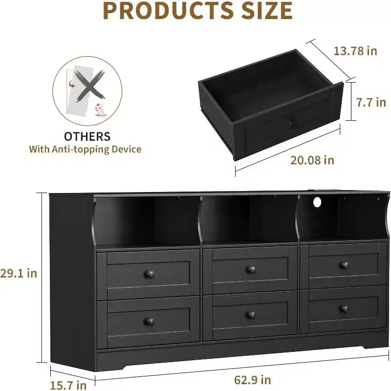 6 Drawer Dresser for Bedroom, 62.9in Slim Wooden Chest of Drawers with Open Shelf, Skinny Dresser for Nursery, Apartment, Closet Organization