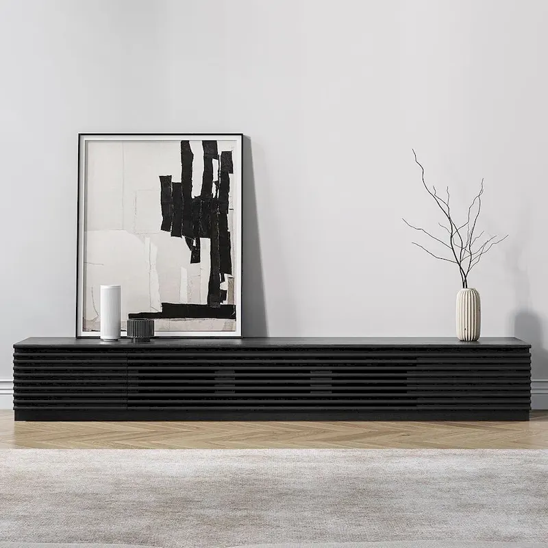 Minimalist TV Stand with DrawersSolid Wood Media Console with Cabinets, Flip-down Door, Walnut Veneer, Fully-Assembled