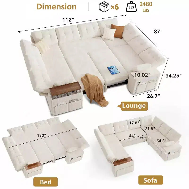 Dyonery 112 '' Modern 8-seater sofa, adjustable backrest, adjustable top storage armrest, pull-out bed, rotatable small table, storage box,chenille