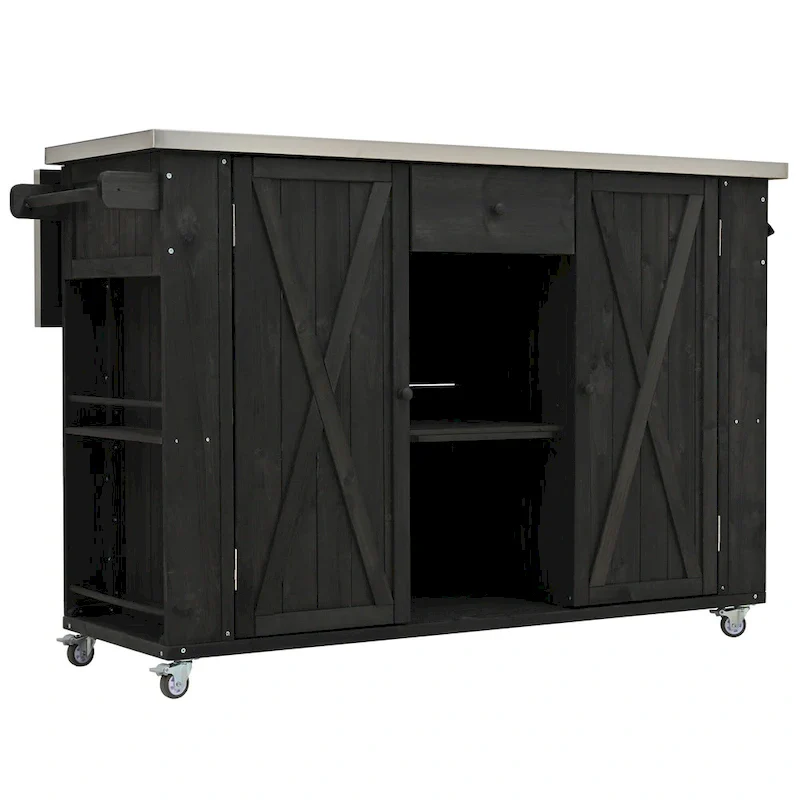 Outdoor Kitchen Island, Rustic Fir Wood with Stainless Steel Top and Smart Storage