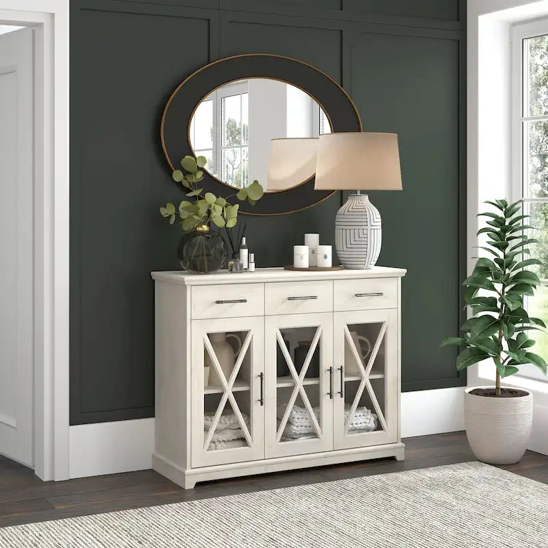 Farmhouse Sideboard Buffet Cabinet with Glass Doors & 3 Drawers 46 inch