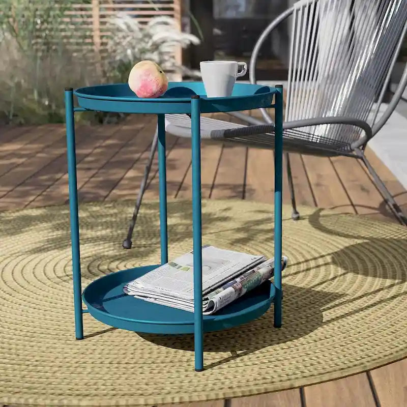 Steel Patio Side Table 2-Tier, Weather Resistant Outdoor Round End Table