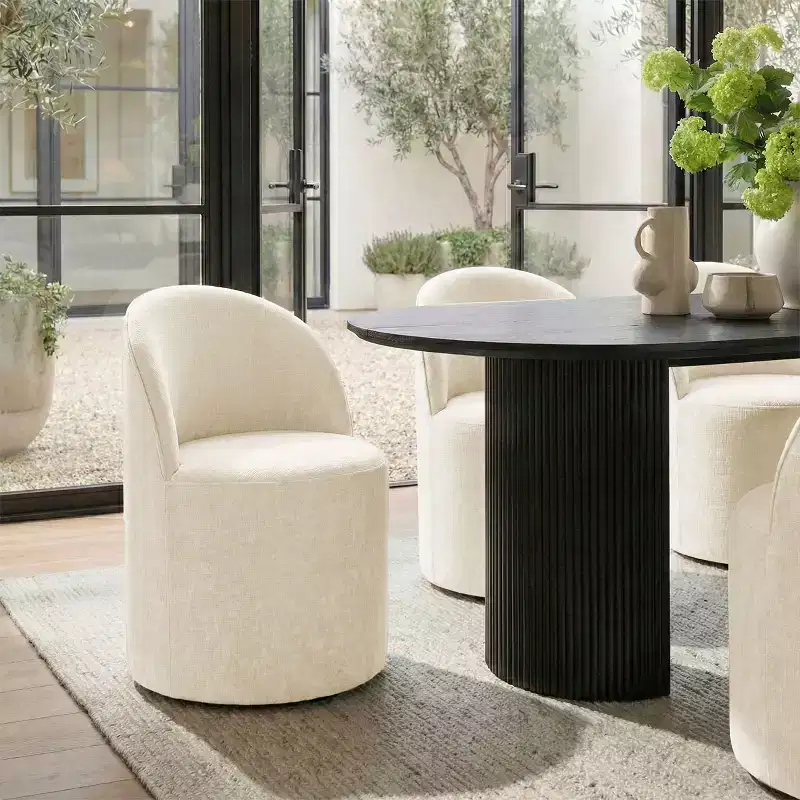 Dining Table Set For 6, Oval Black Table, Upholstered Rolling Dining Chairs With Casters, Textured 360gsm Chenille - Panipeachy