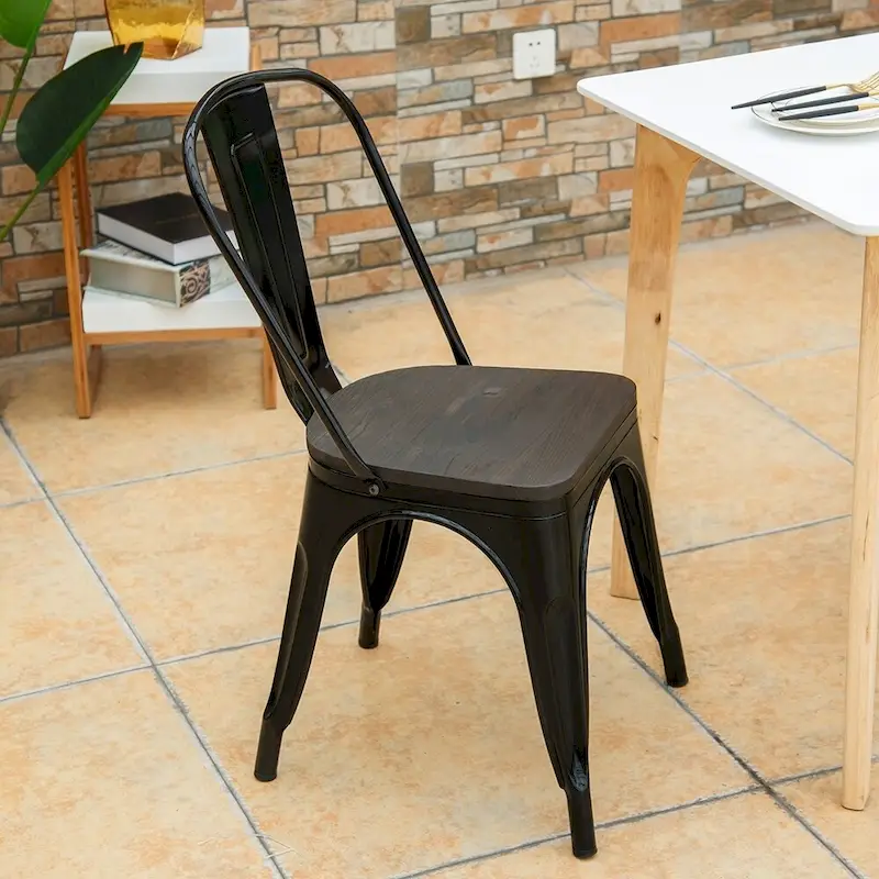 Stackable Bistro Cafe Dining Chair Metal Frame and Wood Seat