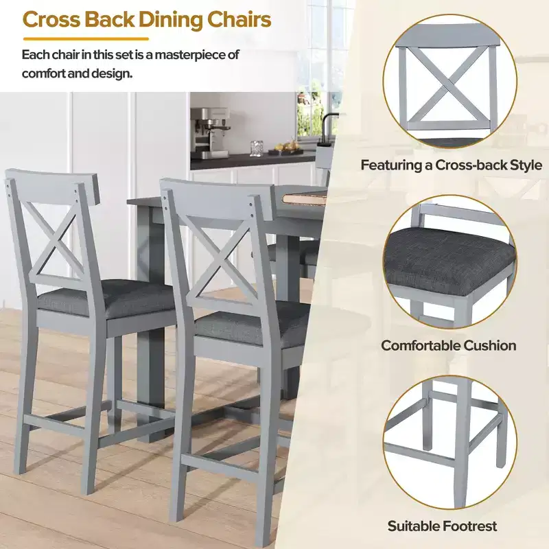 5 Piece Farmhouse Counter Height Dining Table Set Dining Set with 4 Upholstered Dining Chairs and 3-Tier Storage Shelves,Gray/Natural+White-ModernLuxe