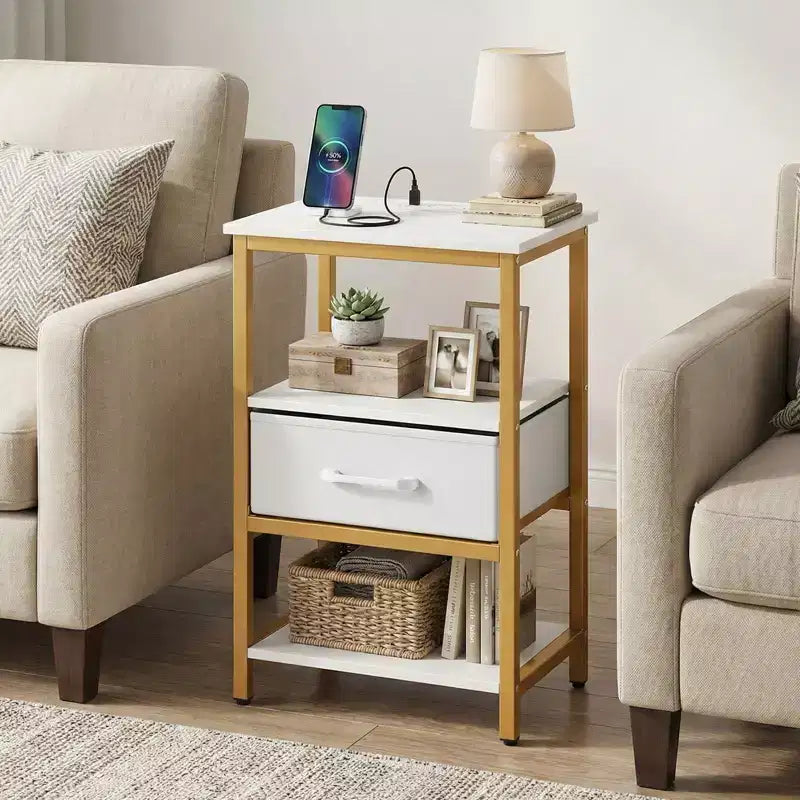 Costway Nightstand w/Charging Station Set of 2 w/Fabric Drawer & Open Storage Shelves