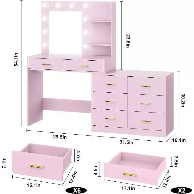 Acekool 61 Makeup Vanity Desk with Mirror, 8 Wide Drawers, 2-Tier Storage Shelves, Adjustable 3-Mode Mirror, Pink Vanity Table for Bedroom Dressing