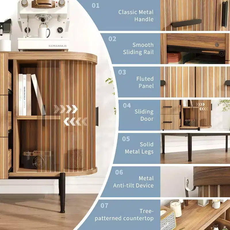 Side cabinet-style buffet cabinet, storage cabinet, living room/kitchen furniture with 6 drawers and 2 sliding doors, made of walnut wood