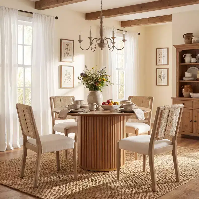 Christopher Knight Home Seema Modern 5 Piece Round Dining Table Set with Rubberwood Upholstered Chairs