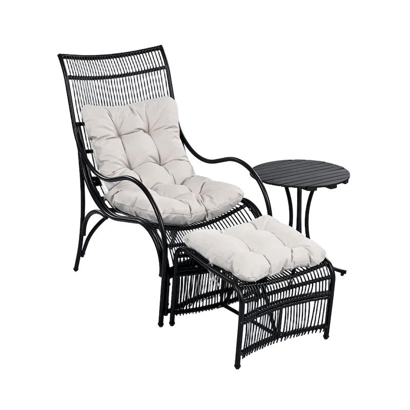 3-Piece Wicker Outdoor Patio Furniture Set with Lounge Chair, Balcony Chairs Table Set with Cushions, Ottoman