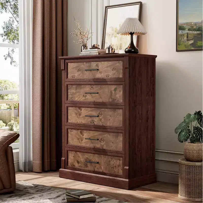 Farmhouse 5 Drawer Dresser for Bedroom, Tall Chest of Drawers with Metal Handles, Rustic Wooden Dresser TV Stand, for Living Room, Hallway