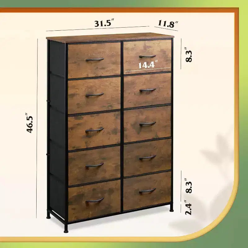 Metal Chest of Drawers with 10 Drawers, Compartments for Fabric, Modern Industrial Wardrobe for Bedroom, Closet, Living Room, Hallway and Dormitory