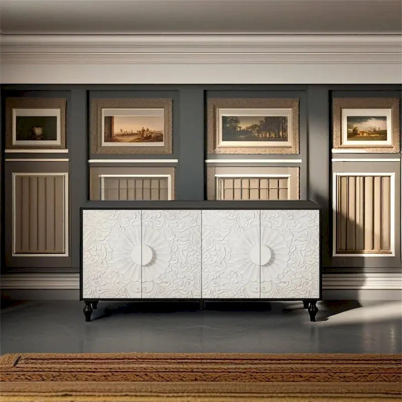 Black and White Carved Storage Cabinet