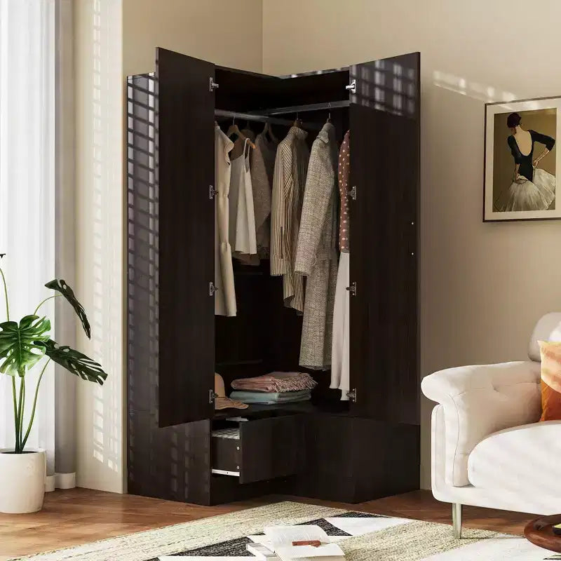Famapy Modern Corner Armoire with Two Hanging Rods & Drawers,Sturdy Build  Space-Saving Storage Solution for Bedroom Corner & Beyond
