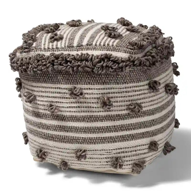 Moroccan Ivory and Brown Handwoven Wool Pouf Ottoman