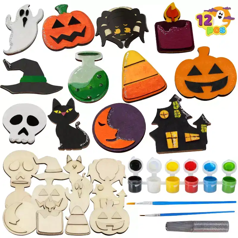 Joyfy 12 Pcs Halloween DIY Wood Painting Craft Kit for Kids Party Favors, Wooden Magnet Creativity Arts Painting Kit Party Supplies