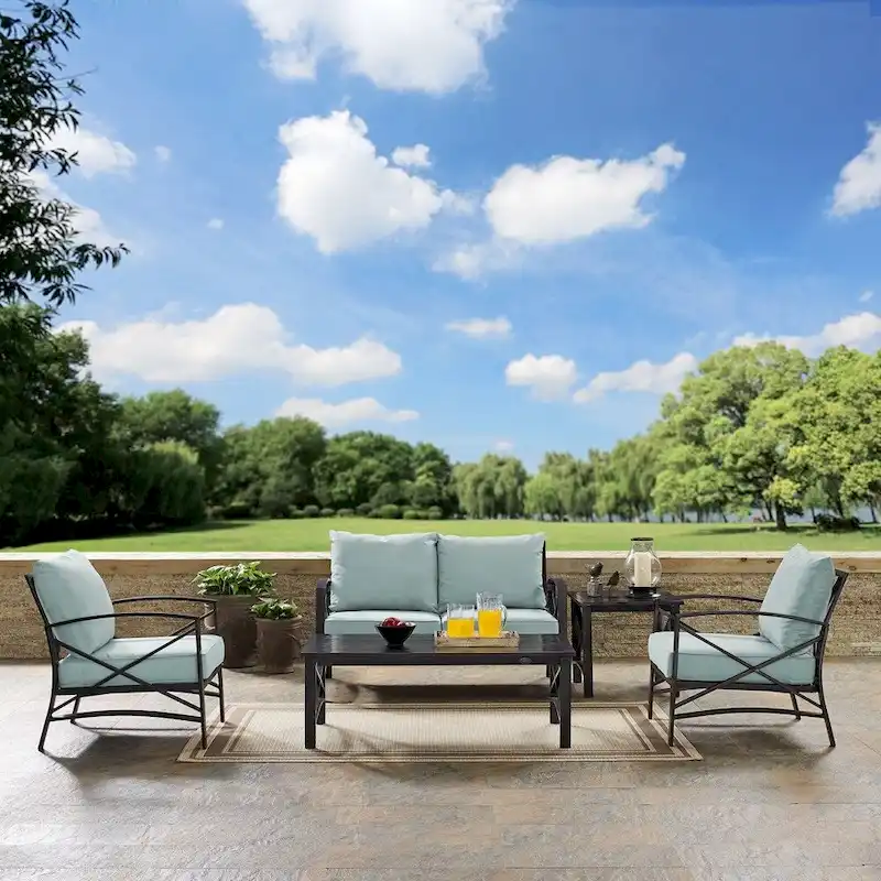 Crosley kaplan 5 pc outdoor seating set with mist cushion - loveseat, two chairs, coffee table, side table