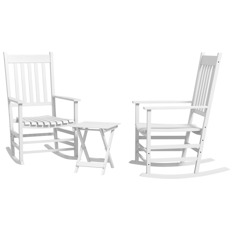 Outdoor Rocking Chair Set of 2 with Side Table, Patio Wooden Rocking Chair