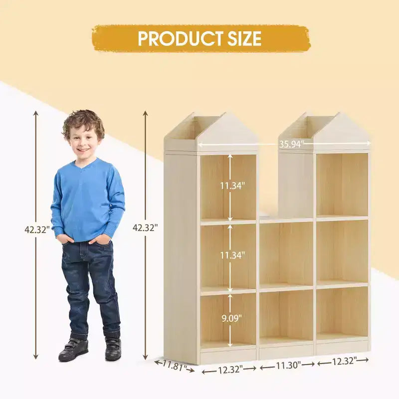 COZONY 8 Cubby Kids Bookshelf, Wooden Toy Storage Organizer, with Roof Design for Playroom Nursery