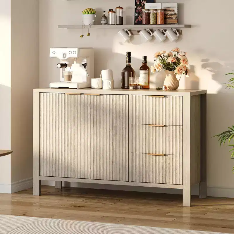 47 Inch Fluted Sideboard Buffet Cabinet Modern TV Stand Coffee Bar Cabinet with 3 Drawers & 2 Doors Wooden Credenza for Living Room Kitchen Entryway