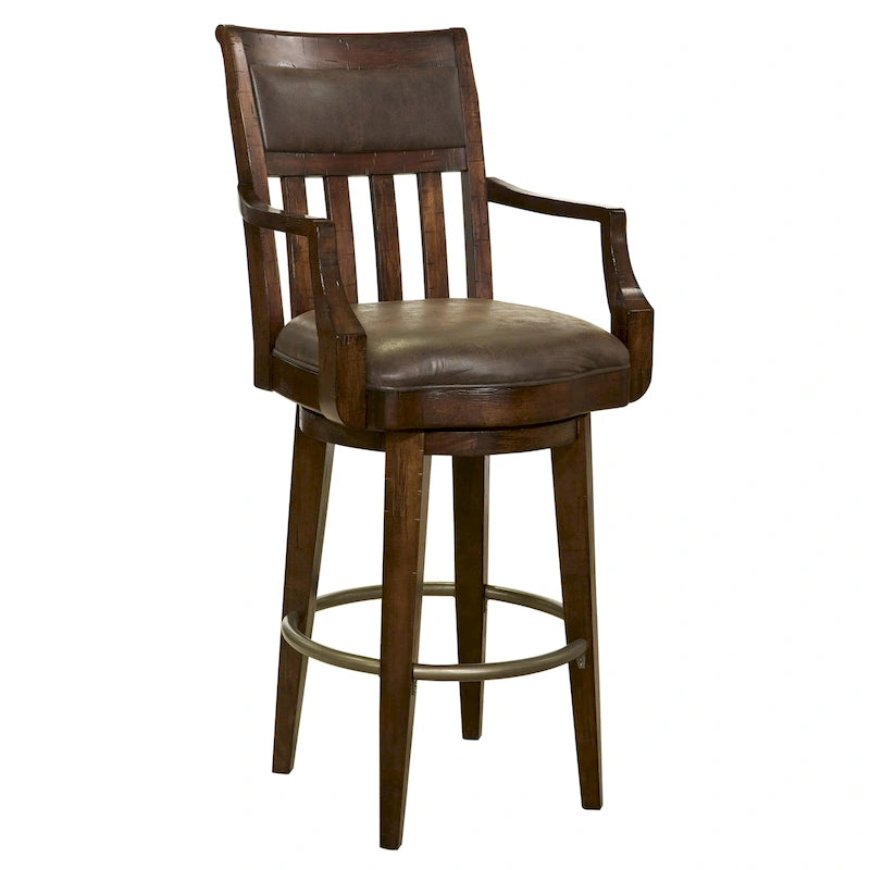 Rustic Hardwood Swivel Bar Stool with Faux Leather Seat
