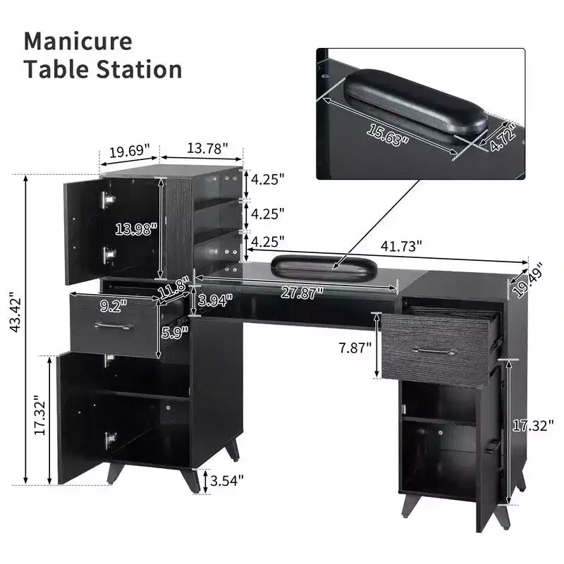 Black / Pink Modern Manicure Nail Desk with Glass Top & Wrist Rest, Single Station