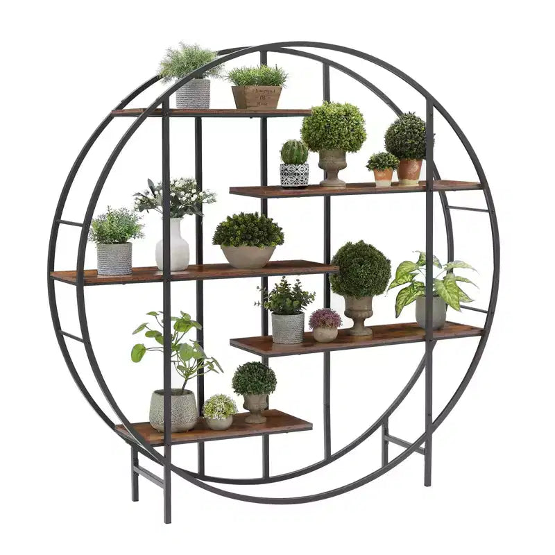 Round 5-Tier Metal Plant Stand Bookcase Storage Rack, Indoor Living Room Terrace Garden Balcony Display Stand. Rustic Brown