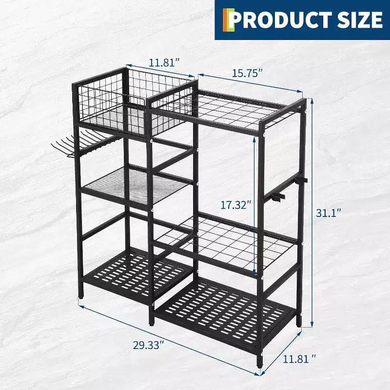 3-Tier Heavy Duty Garden Tool Organizer Rack - 35 Slots & Hooks, Steel, for Garage & Shed