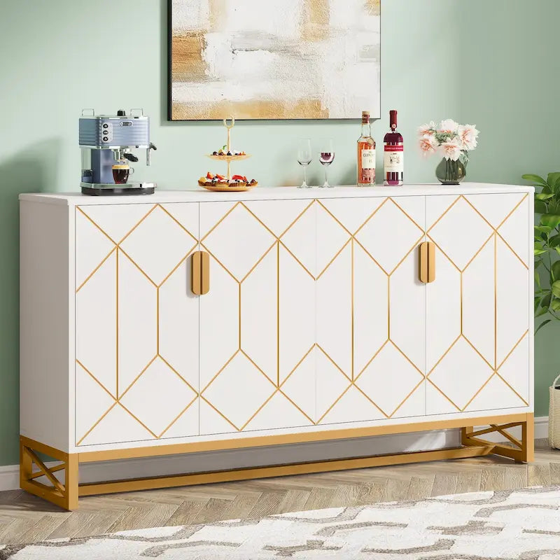 White Gold Buffet Cabinet with Storage, Kitchen Sideboard