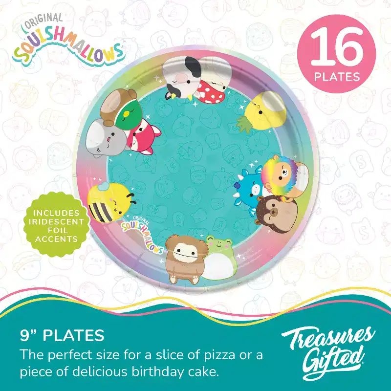 Treasures Gifted Squishmallows Birthday Party Supplies - Tableware Starter Set for 16 Guests - Plates & Napkins