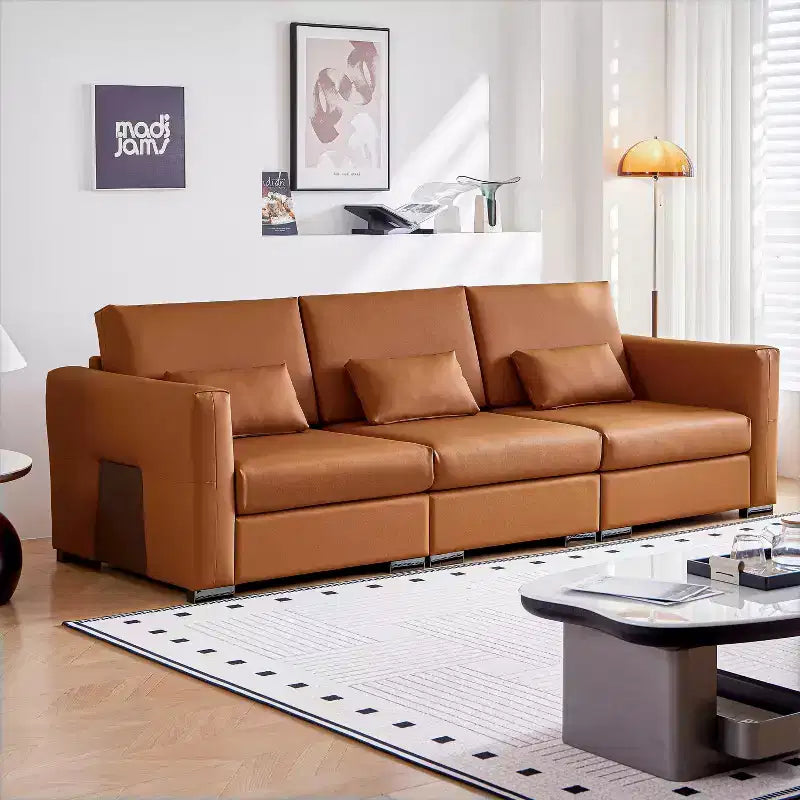 ATJafurn 108.7 Orange Leather Sofa with Wide Square Arms, Mid Century Modern 4 Seater Upholstered Couch with Metal Legs 3 Pillows, For Living Room
