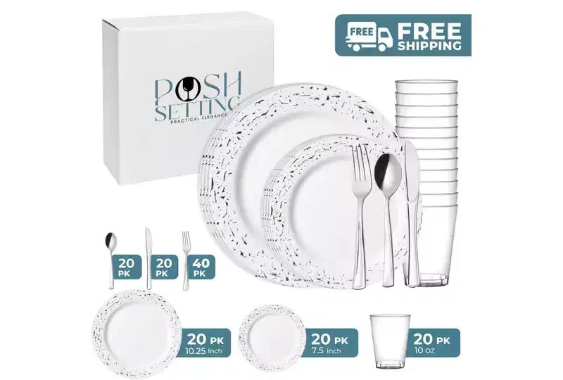 Posh Setting 140 Piece White And Silver Plastic Party Bundle - Pebbled (20 Settings)