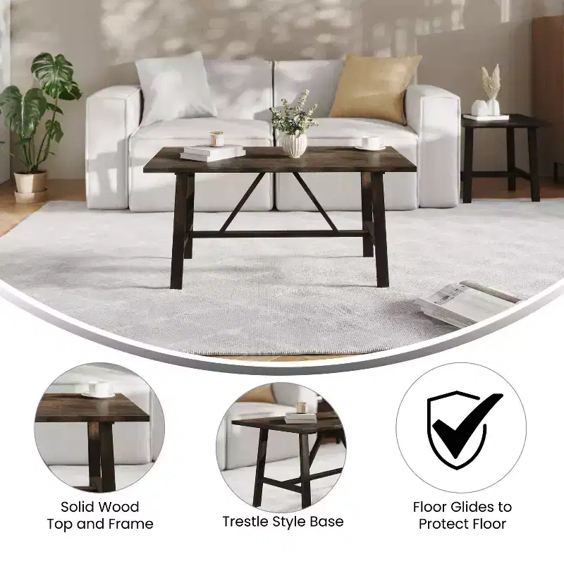 Flash Furniture Eli Solid Wood Farmhouse Coffee Table, Trestle Style Accent Table