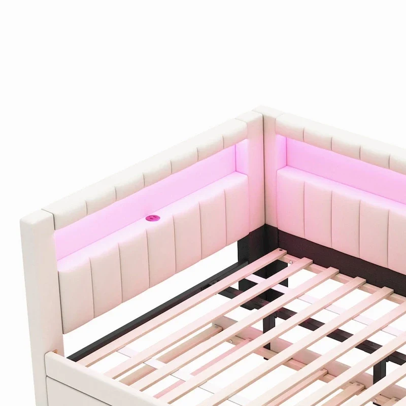 Lit plateforme rembourré avec ports USB et éclairage LED - Cadre de lit double/simple avec 2 tiroirs de rangement - Chambre moderne