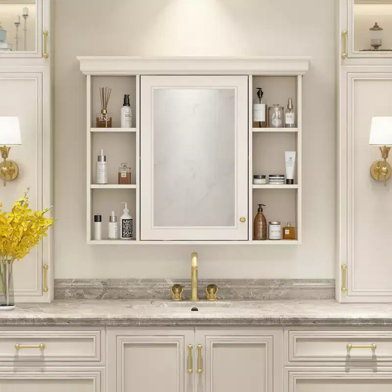 MAYEERTY 28.74 Wall Mounted Bathroom Storage Cabinet with Mirror Door 6 Open Shelves, Modern Bathroom Wall Cabinet Beige