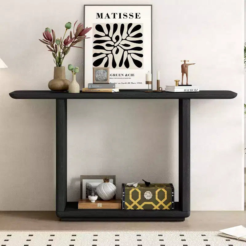 Okak Natural Wood Veneer Console Table with U-Base Design,Curved Corners Entryway Table Foyer Table for Living Room,Hallway
