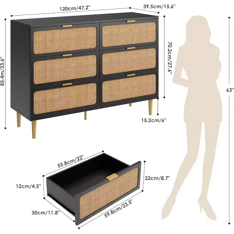 Rattan Dresser with 6 Drawers,Tall Modern Closet with Deep Storage,Large Chest of Drawer with Wide Top,Wooden Dresser for Bedroom,Living Room,Hallway