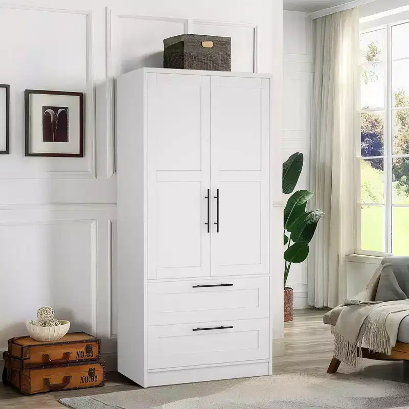 Modern Wooden Bedroom Wardrobe, Freestanding Wardrobe Clothing Storage Cabinet with Door and Shelves, Easy Assembly, for Bedroom, Laundry Room