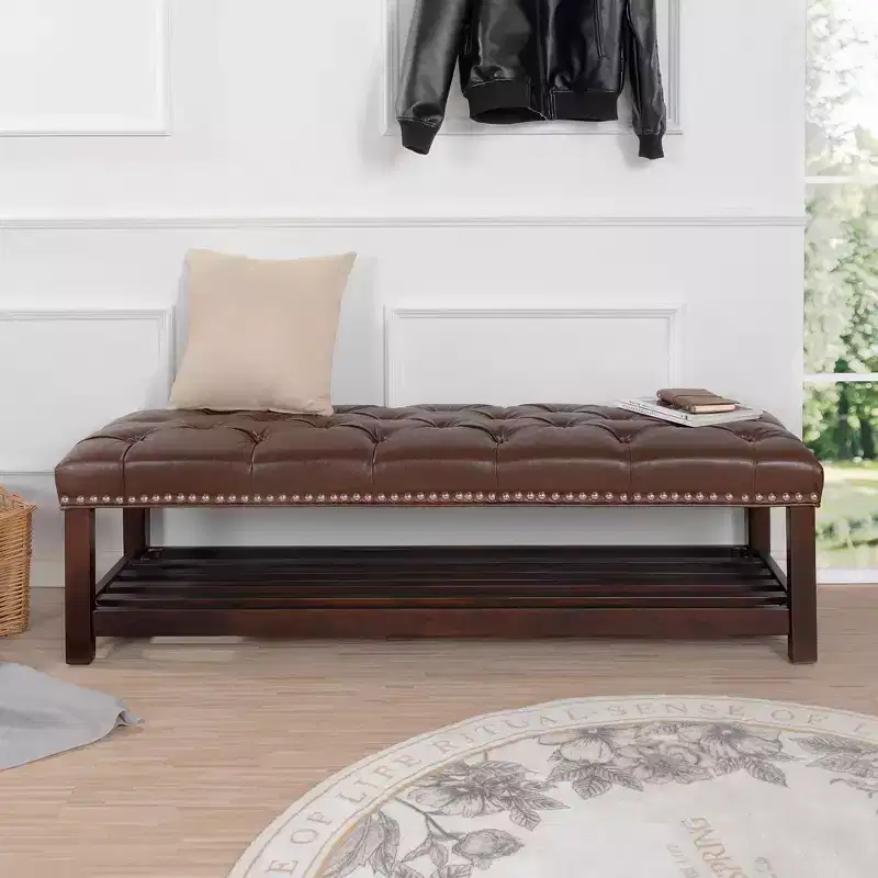 TUYOHW Upholstered Bed Bench Bed Entrance Shoe Bench, 60 with Nailhead Trim Upholstered Leather Bench Living Room Shoe Rack Footstool