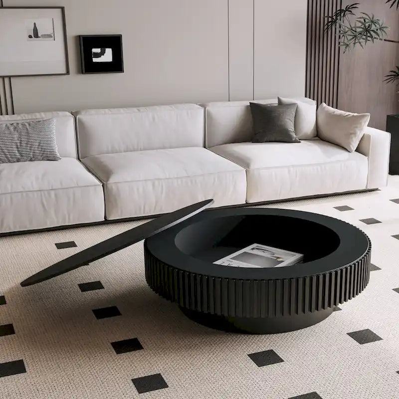 Modern Solid Wood Veneered Round Coffee Tea Table with Storage