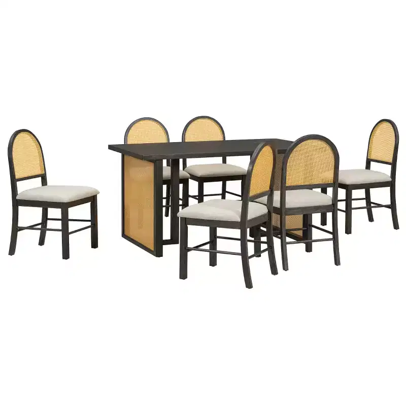 7-Piece Rustic Dining Table Set with Wood Frame and Rattan Accents, Dining Set with 6 Rattan Dining Chairs for Dining Room - Panipeachy