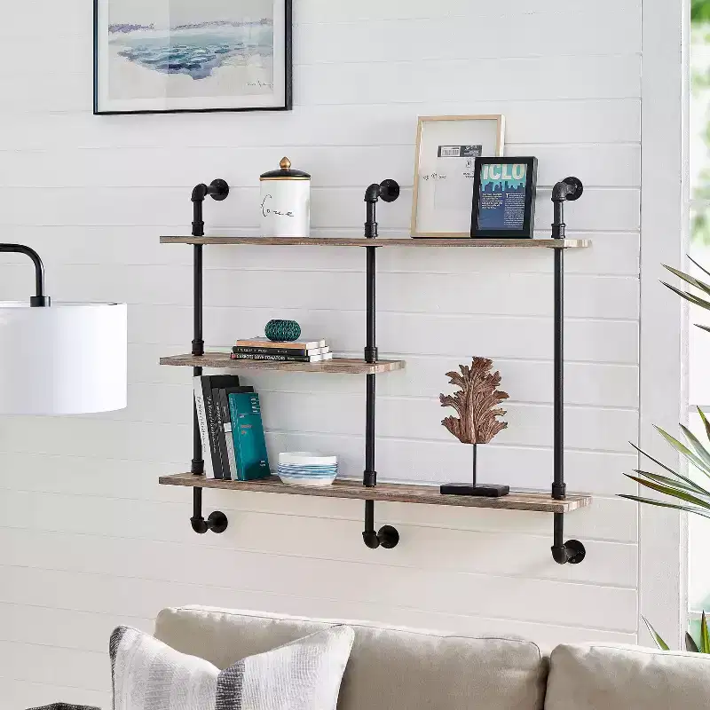 Danya B. 3-Tier Aurora Pipe Wall Shelf Unit Black/Rustic - Industrial Iron Frame, Laminated Surface, Home Storage