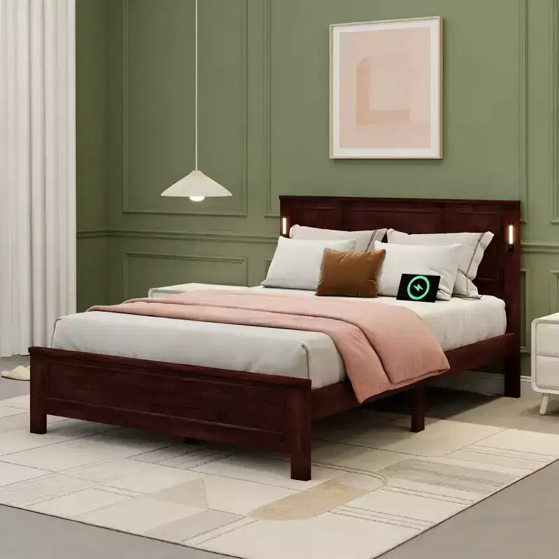Modern Wood Frame Bed with Tall-Panel Headboard, Platform Bed, Multiple Sizes