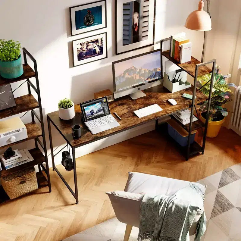 Bestier 47 inch Reversible Computer Desk with Storage Shelves for Home Office in Rustic Brown