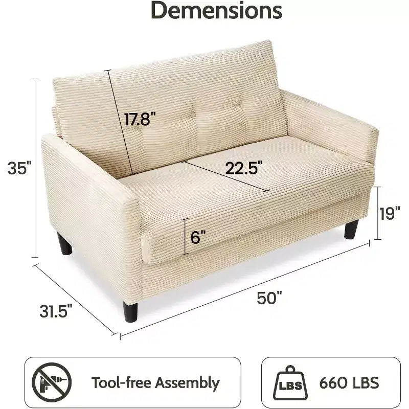 Dyonery 50 Loveseat Sofa, 2-Seater Love Seat for Office & Small Spaces, 24 Deep Seat, FSC Solid Wood Frame, Tool-Free Assembly