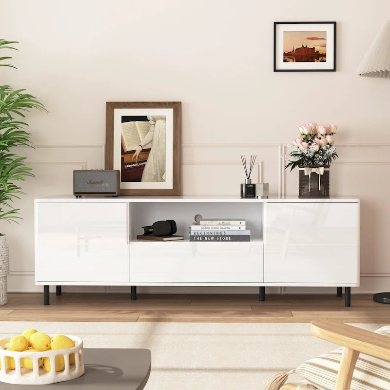 High Gloss Panel Modern TV Console,TV Stand,Entertainment Center with Storage Shelves,TV Cabinet for Living Room, Bedroom