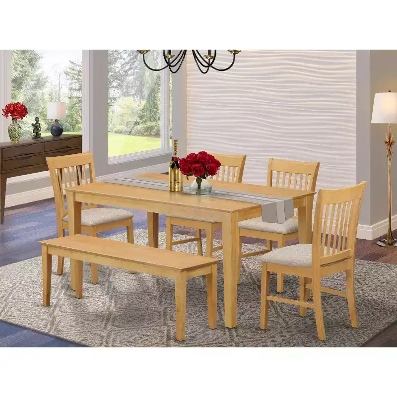 HomeStock 6-Piece Rectangle Natural Oak Finish Solid Wood Top Dining Table with 1 Bench, 4 Chairs