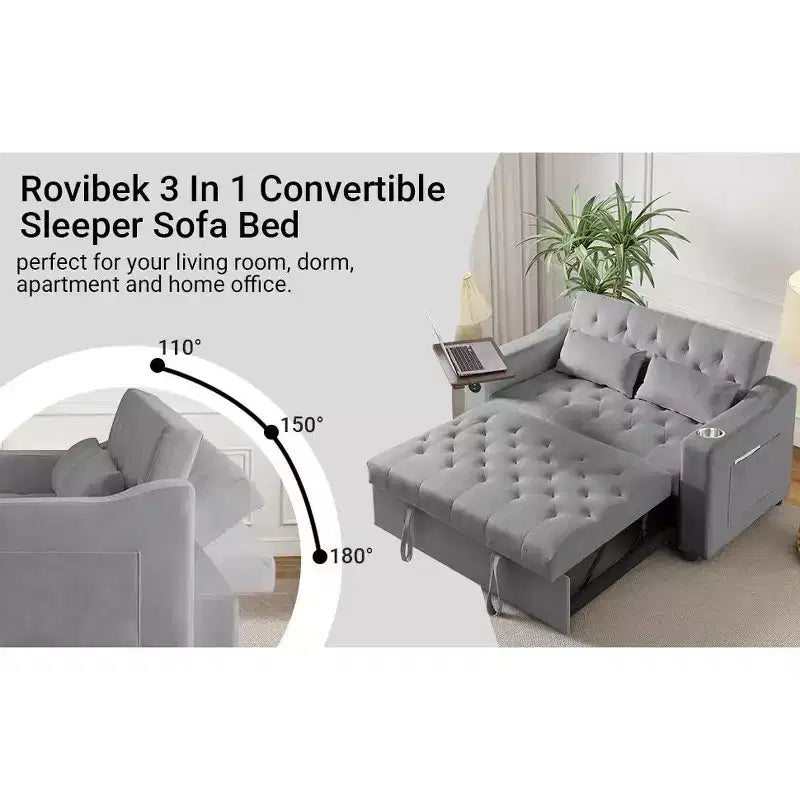 MooxvMoo 3 in 1 Sleeper Sofa Bed,Convertible Pull Out Couch with Small Table,USB and Type-C Ports,Loveseat Sleeper Bed with Side Pockets,Grey