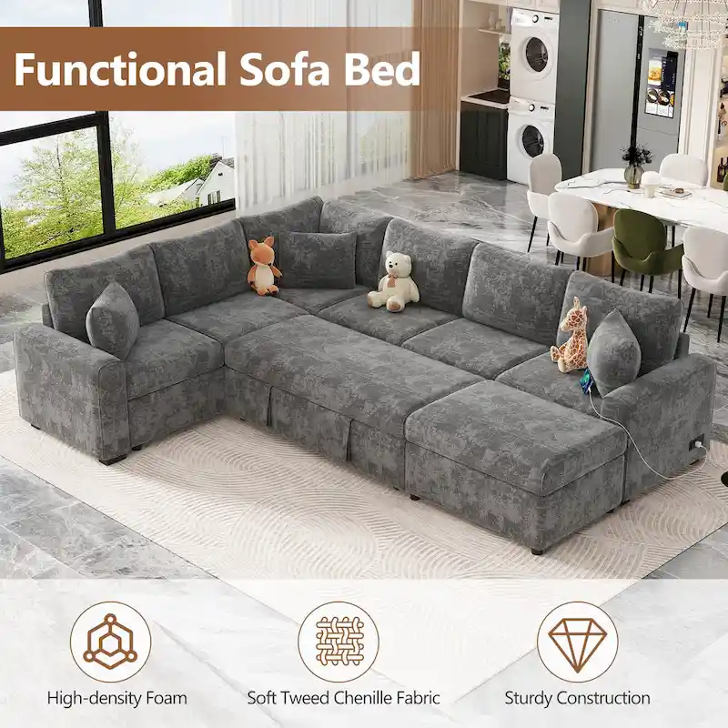 Chenille Sectional Sofa Pull-out Sofa Bed, L-Shape Sleeper Sofa with Storage Ottoman, 3 Pillows and Charging Devices